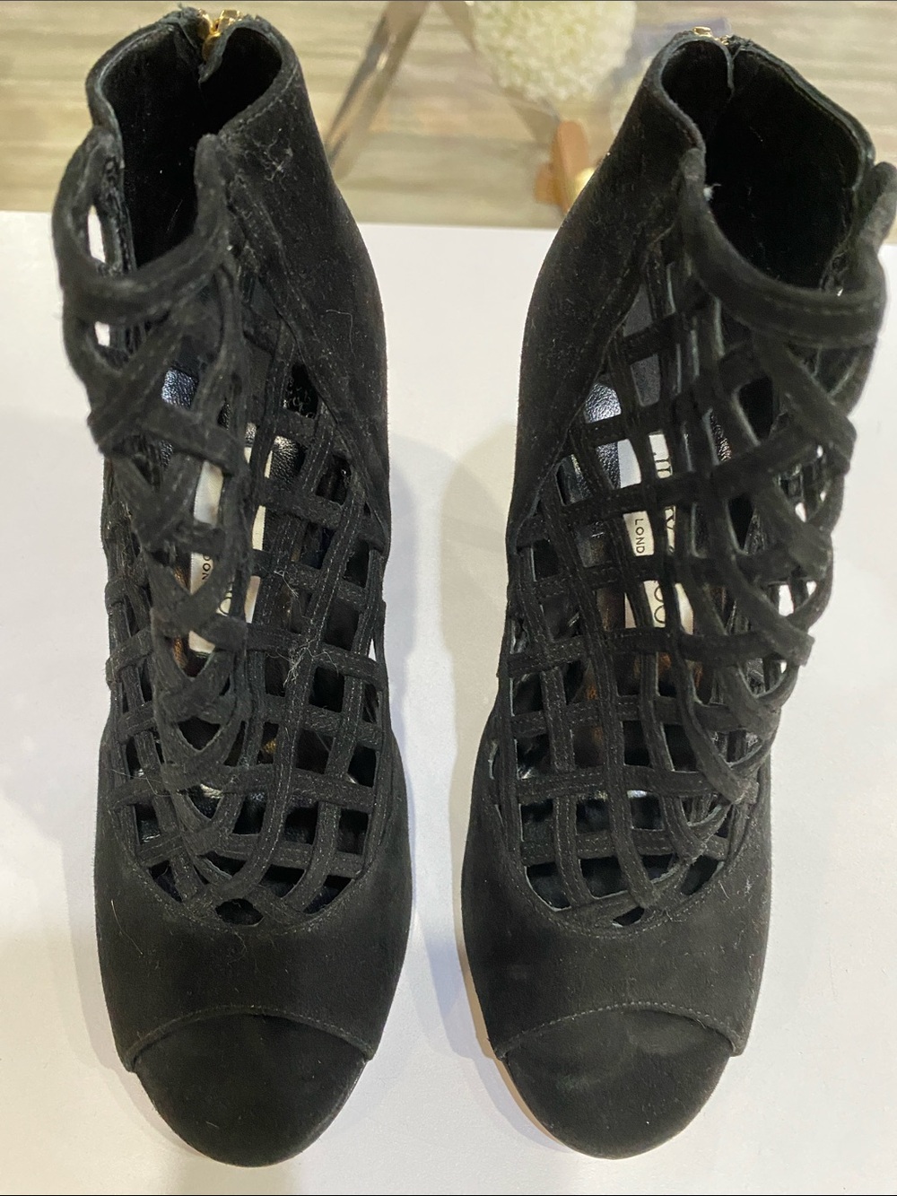 Jimmy Choo Black Cutout Lace-Up Peep-Toe Booties